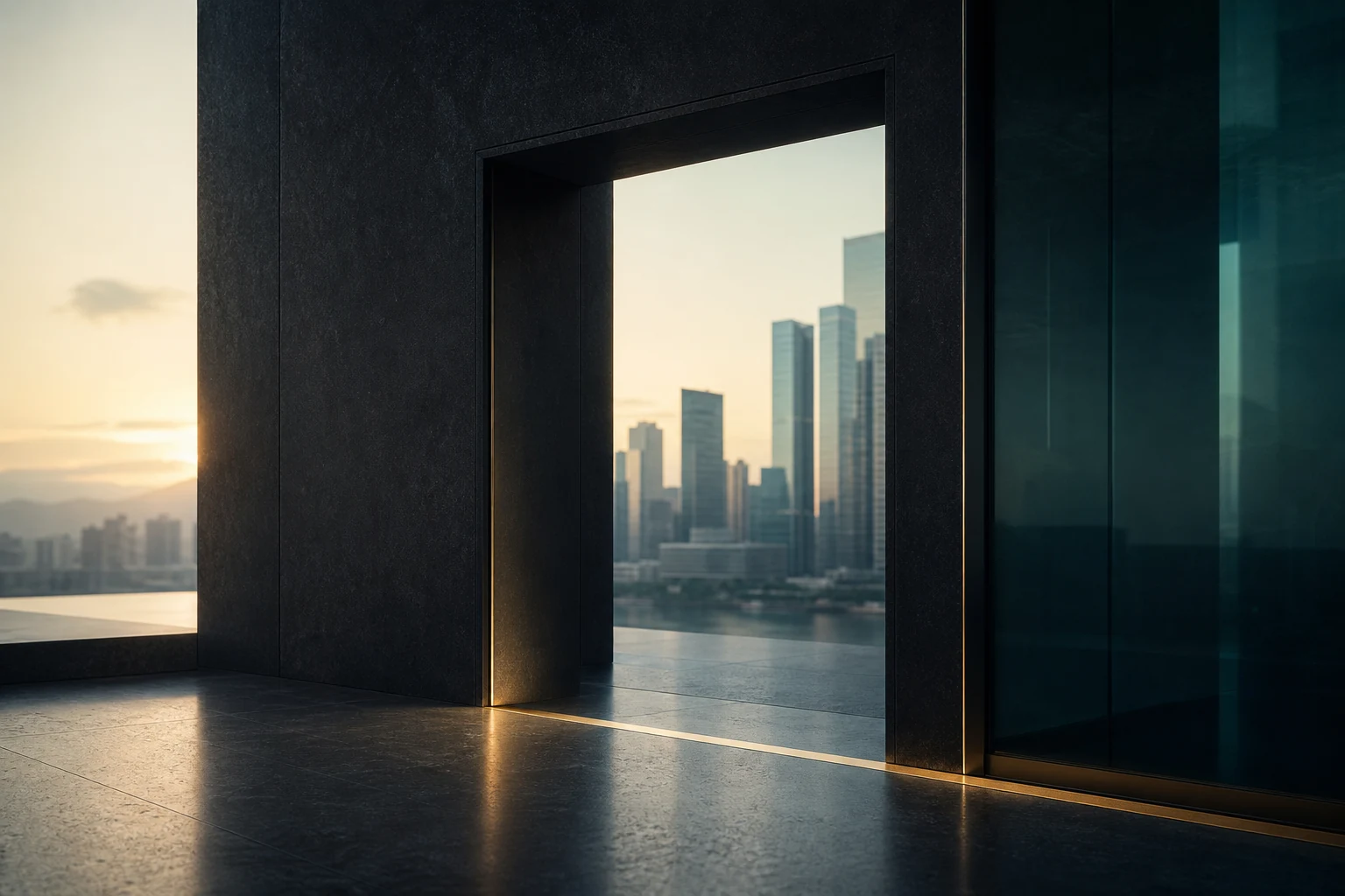 A dark architectural threshold opening toward a distant financial district
