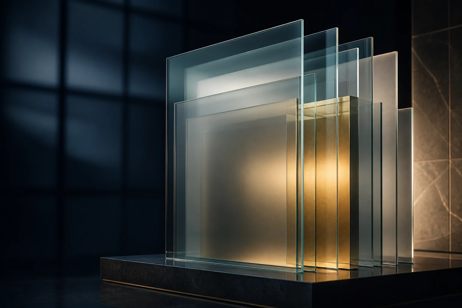 Layered architectural glass protecting a softly illuminated core