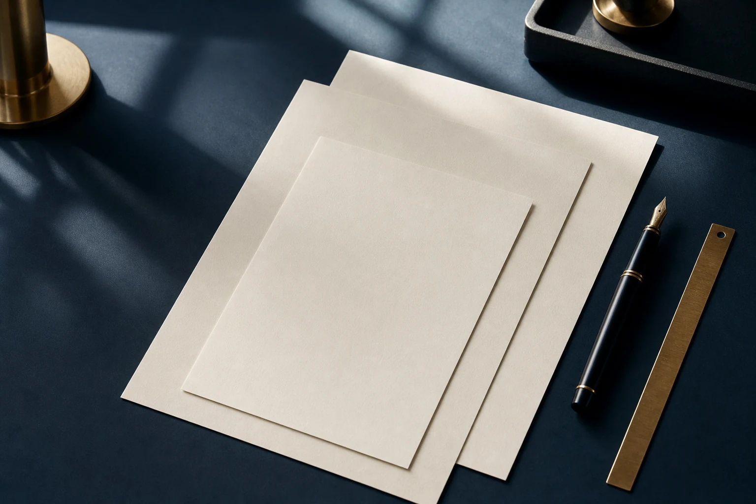 Blank ivory agreement papers arranged beside a dark fountain pen and brass rule
